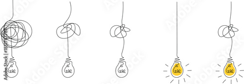 One continuous line drawing of tangled and scribble wires with light bulbs. Tangled wires with glowing light bulbs continuous line art. A single continuous line forms a chaotic tangle of wires