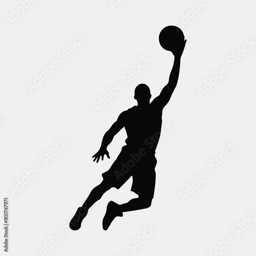 Silhouette basketball player jumping with ball in hand vector illustration