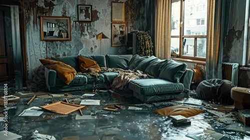 Interior dwelling scene of utter devastation, aftermath of a widespread calamity, severe damage visible throughout, reflecting a true disaster with elements of a major mishap and widespread havoc.