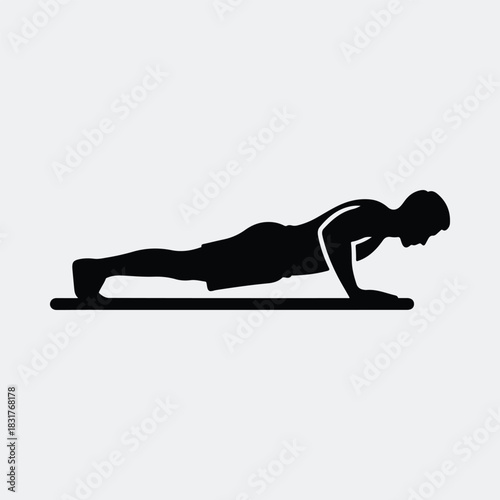 Silhouette man doing pushups on exercise mat vector illustration