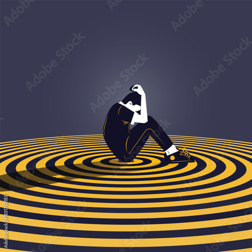 A vector illustration of a man sitting alone in the center of concentric circular patterns, symbolizing stress, anxiety, confusion, or emotional overwhelm