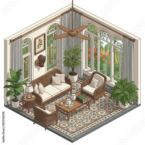 Tropical Serenity: A Stylish Isometric Interior with Garden Views and Wicker Accents