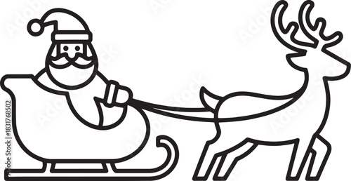 Line drawing of Santa Claus in a sleigh pulled by reindeer
