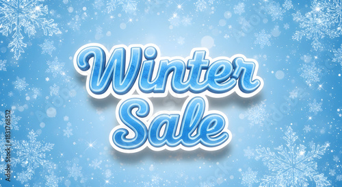 Winter sale advertisement with blue text and white snowflakes background