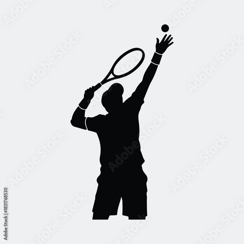 Silhouette tennis player serves ball sporty action vector illustration