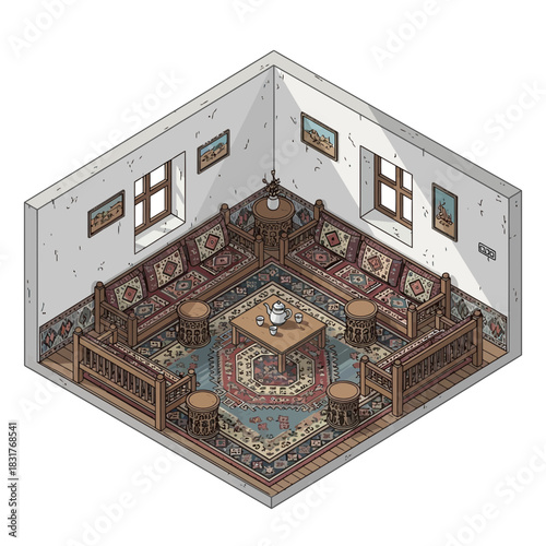 Cozy Traditional Middle Eastern Living Room Isometric Illustration Art