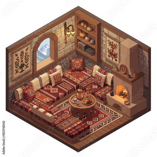 Cozy isometric room with a fireplace and Middle Eastern design elements