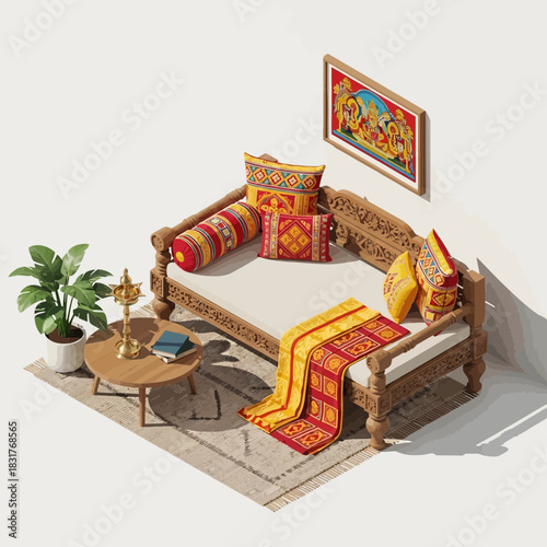 Cultural fusion isometric room setup, traditional daybed, vibrant art, comfort