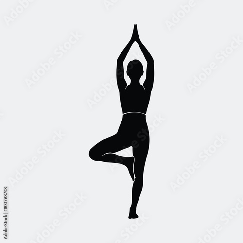 Silhouette woman performing tree pose yoga asana fitness vector illustration