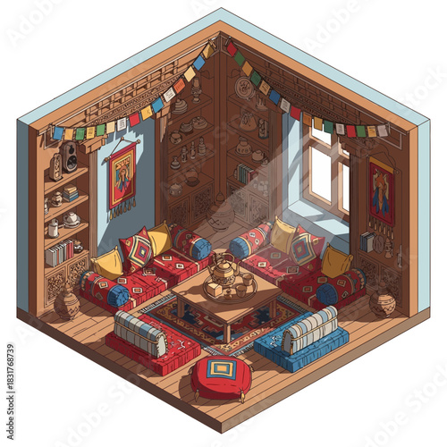 Intricate isometric illustration of traditional tea room with ornate decorations