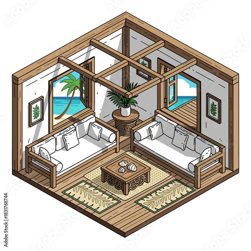 Isometric beach house interior with serene ocean view and tropical vibes