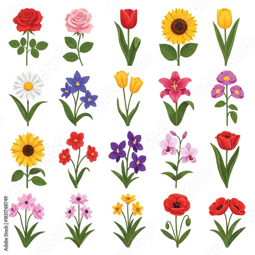 A vibrant collection of eighteen different bright botanical species, meticulously rendered in flat 2D illustration style and isolated against a clean white background.