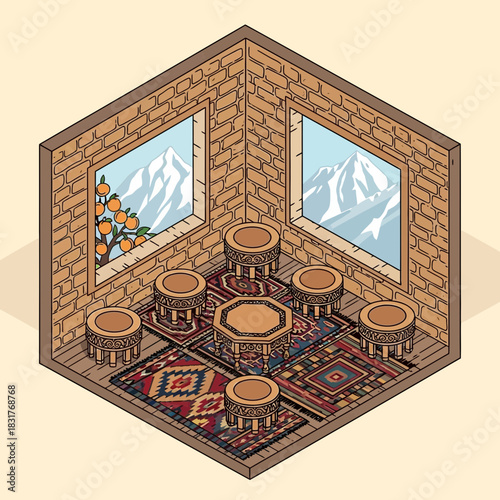 Illustrated isometric room showcasing a rustic, mountain-themed relaxation area