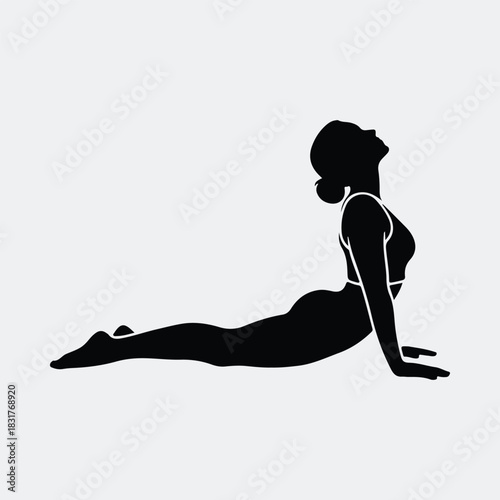 Silhouette woman practicing yoga upward facing dog pose vector illustration