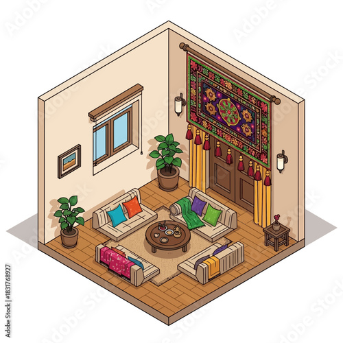 Isometric Drawing of a Cozy Living Room with Vintage Decor Elements