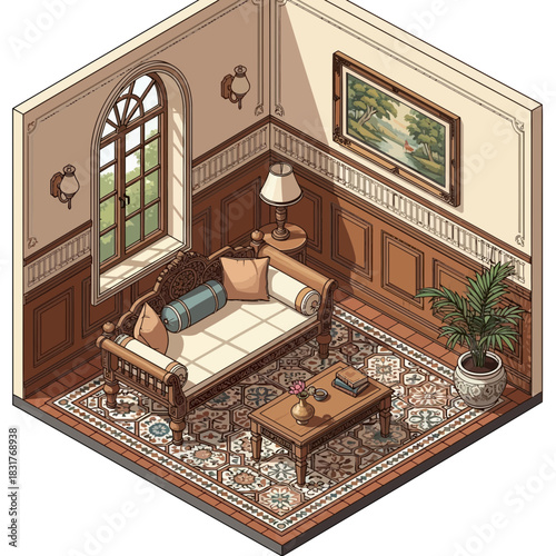 Isometric Drawing of a Classic Living Room Interior With Elegant Furniture