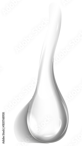 A realistic 3D rendering of a single, clear, glossy drop of transparent liquid isolated on a white background.