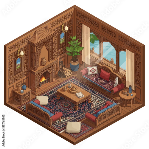 Isometric Drawing of a Warm Interior with Carved Wood and Rich Textiles