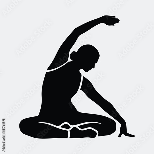 Silhouette yoga woman stretches in seated pose vector illustration