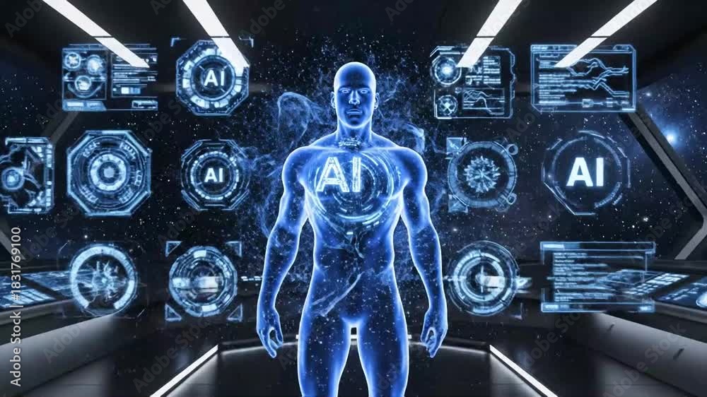 Muscular AI Humanoid Interacting with Futuristic Digital Interfaces and ...