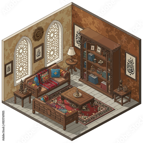 Isometric illustration of a traditional Arabic interior space design