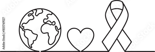 Line drawing illustration of global health and awareness symbols