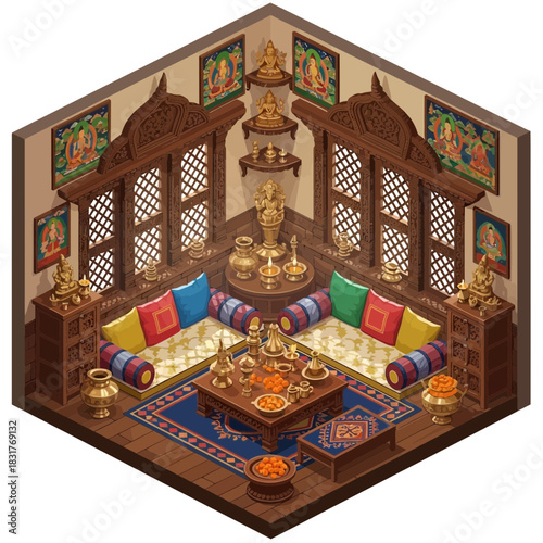 Isometric illustration of a traditional Nepali living room adorned with statues