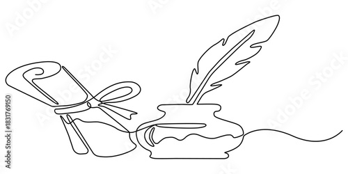 Continuous one line drawing of a quill, inkwell, and scroll. Minimalist art conveying vintage writing and history. Vector illustration, Editable stroke