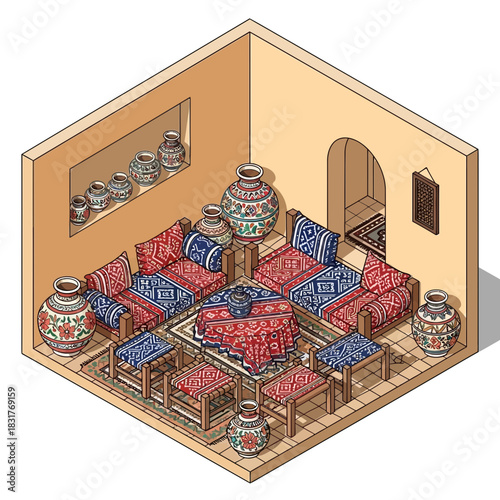 Isometric Illustration of a traditionally decorated Moroccan Living Room Interior