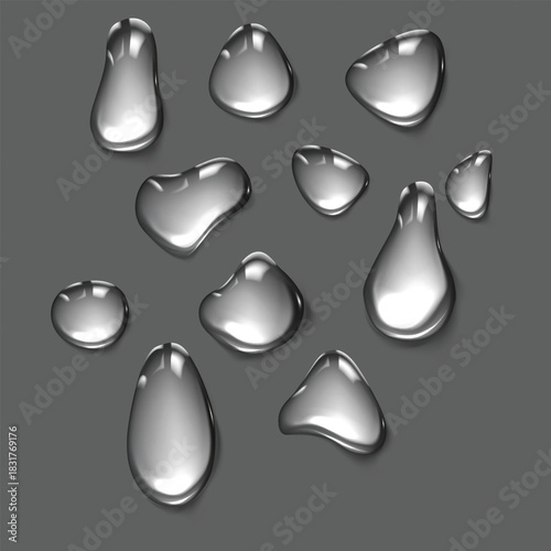A collection of realistic, shiny liquid metal or mercury drops on a gray background.
