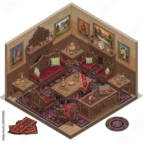 Isometric Illustration of an Intricately Designed Antique Living Room