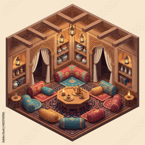 Isometric Illustration of a Traditional Oriental Lounge with Pillows and Tea
