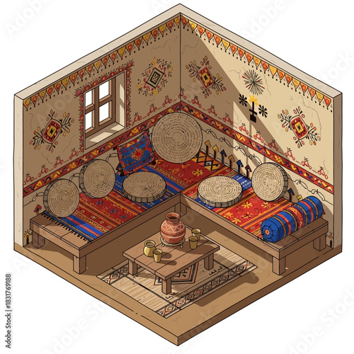 Isometric illustration of traditional interior design with a rustic aesthetic