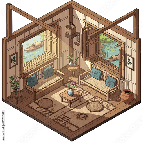 Isometric Interior Illustration of a Traditional Asian Riverfront Dwelling