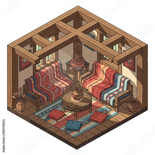Isometric living room interior featuring wood accents and cozy textures