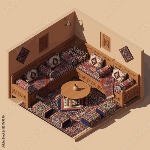 Isometric interior design with traditional middle eastern ornamentation