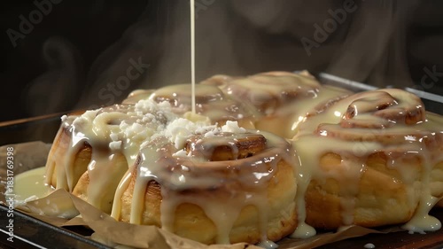 A close-up, high-angle shot of freshly baked, gooey cinnamon rolls drizzled with creamy white icing on a baking sheet, with steam rising.