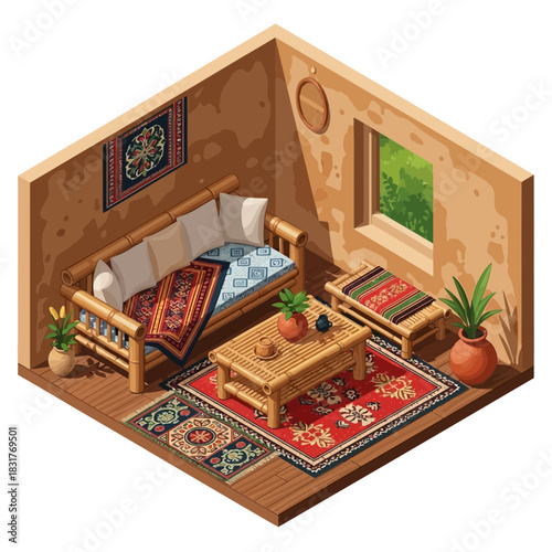 Isometric rendering of traditional living room with natural bamboo furniture