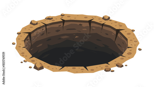 Mysterious deep hole in the ground, perfect for adventure game backgrounds or symbolizing challenges and potential downfalls ahead