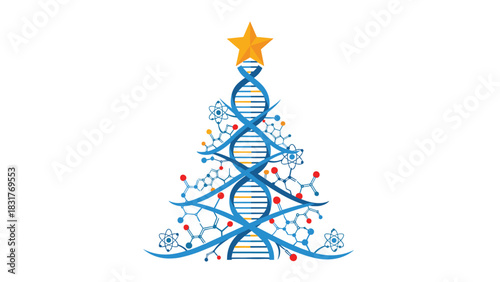 Festive DNA Christmas tree with molecules and golden star for science holiday celebrations and educational resources during winter season