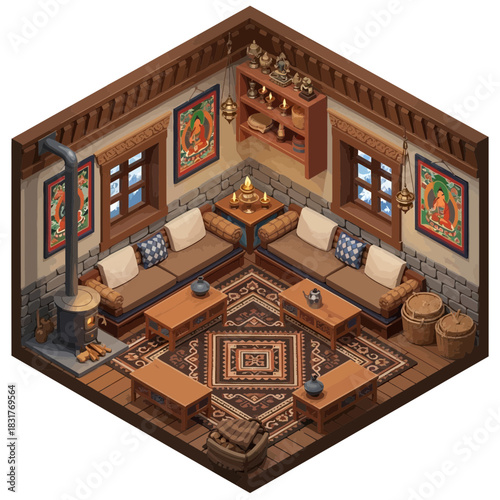 Isometric Tibetan living room with a stove, carpet and traditional elements