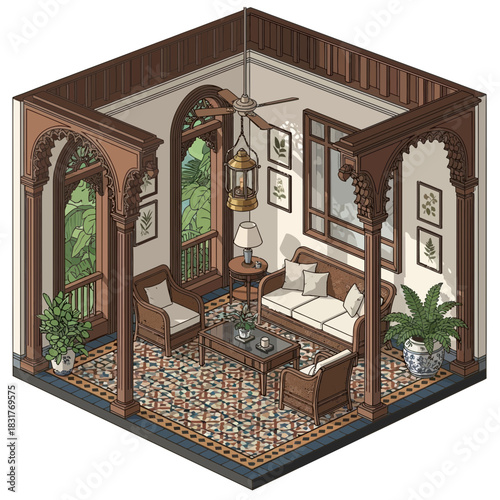 Isometric Tropical Living Room with Wicker Furniture and Balcony View Illustration
