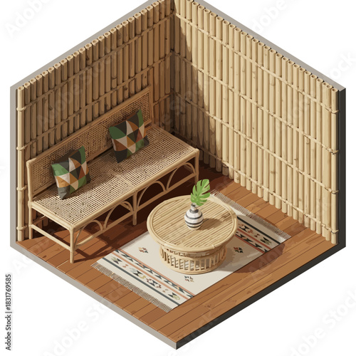 Isometric view of a boho living room with bamboo walls and rattan furniture