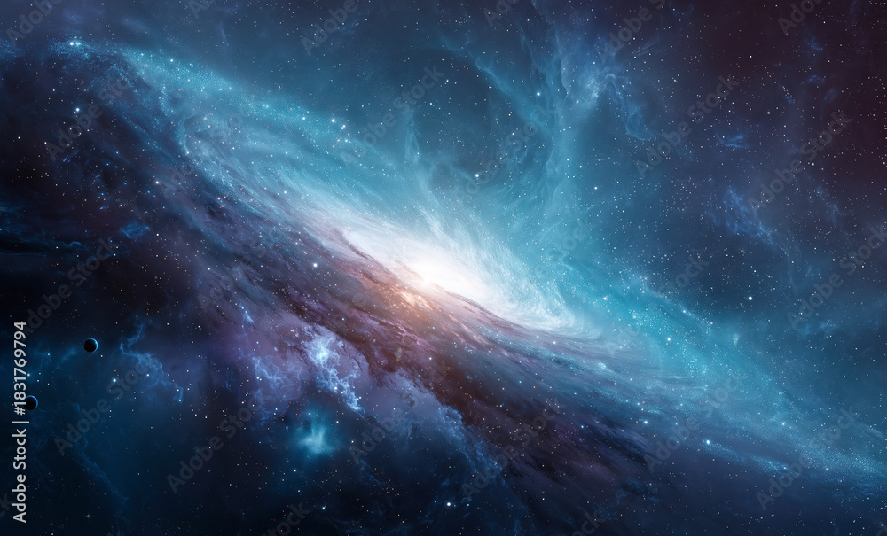 Obraz premium Spiral galaxy in bright space background. Colorful blue Universe. Space landscape. Sci-fi space wallpaper. Created with generative AI