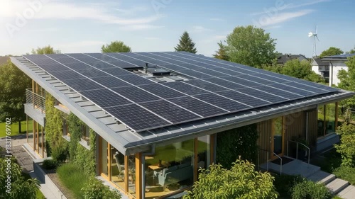 Modern house with solar panels on the roof and a small wind turbine in the background on a sunny day