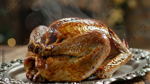 A golden-brown roasted turkey sits on a decorative silver platter, steaming and ready to be carved for a festive meal.
