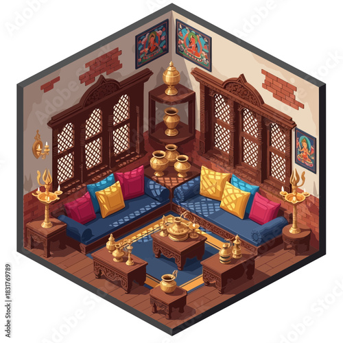 Luxurious Isometric Interior Depicting Nepali Architectural Heritage and Art