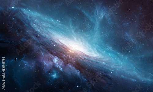 Spiral galaxy in bright space background. Colorful blue Universe. Space landscape. Sci-fi space wallpaper. Created with generative AI