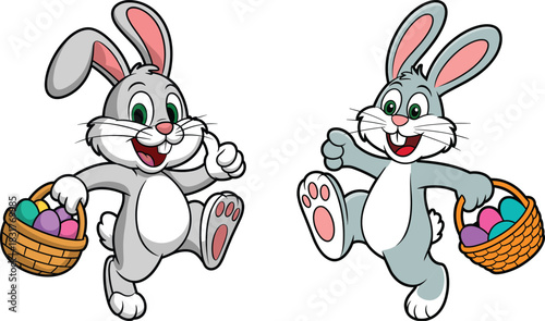 Cute cartoon Easter bunny happily running with colorful egg basket cheerful holiday character perfect for festive designs children illustrations and celebrations