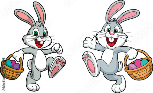 Cute cartoon Easter bunny happily running with colorful egg basket cheerful holiday character perfect for festive designs children illustrations and celebrations